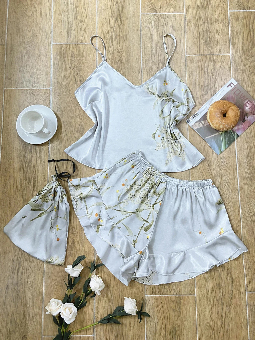 Floral Print Cami Tops Ruffle Hem Shorts Pajama Set Women's Sleepwear Loungewear