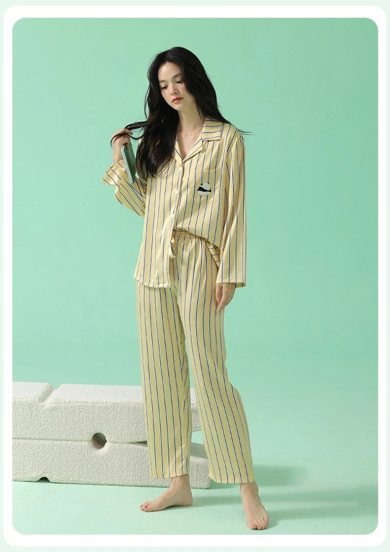 Women's Long Sleeve Pajamas Fashion Striped Homewear Comfortable Antibacterial Clothing-