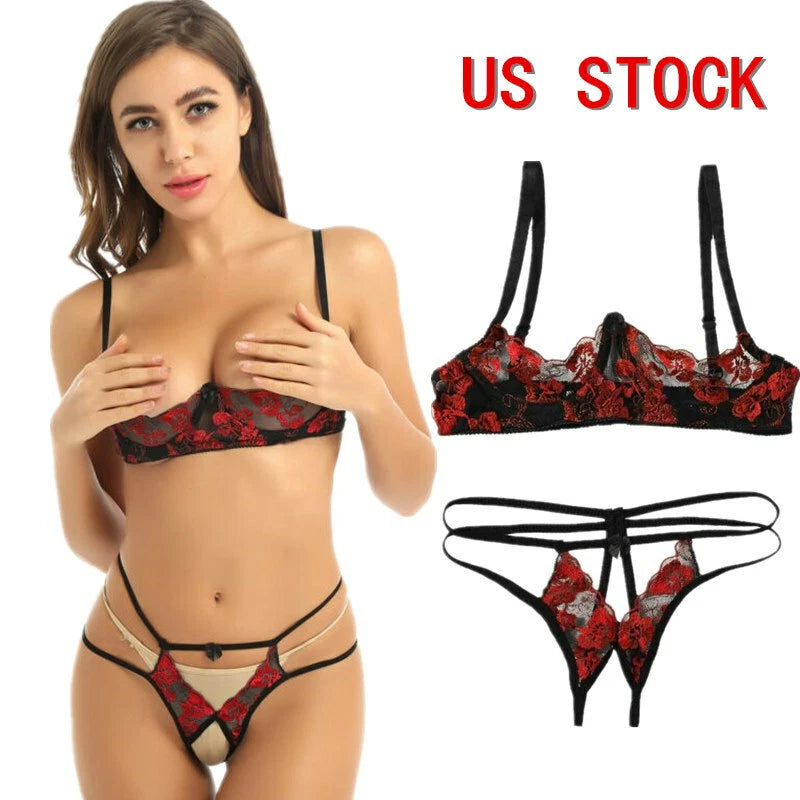 Women's Floral Lace Lingerie Bra Set Crotchless Thong G-string Cupless Bralette
