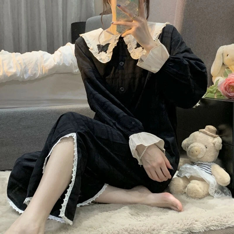 Korean women sweet pajamas long-sleeved trousers home service two-piece suit