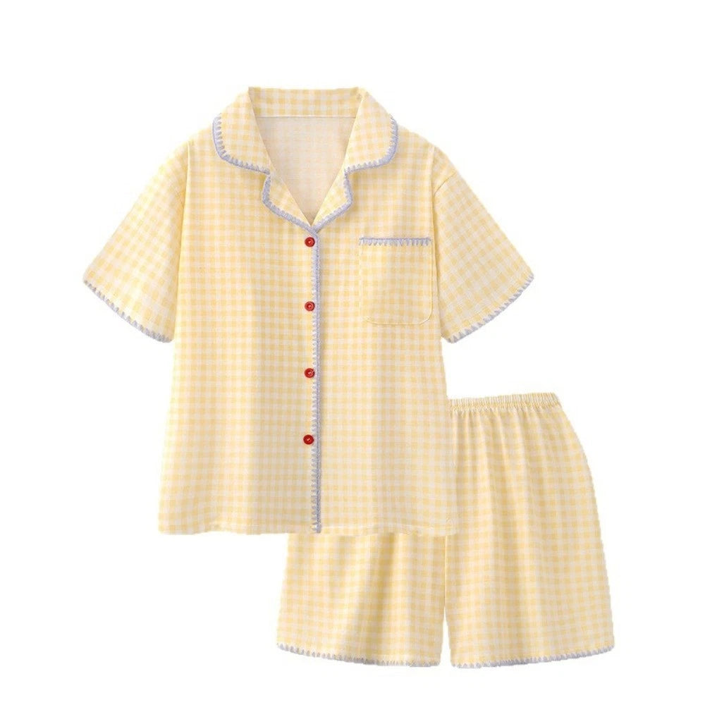 Summer Thin Plaid Pajama Set Cute 2 Piece Sleepwear Indoor Outdoor-