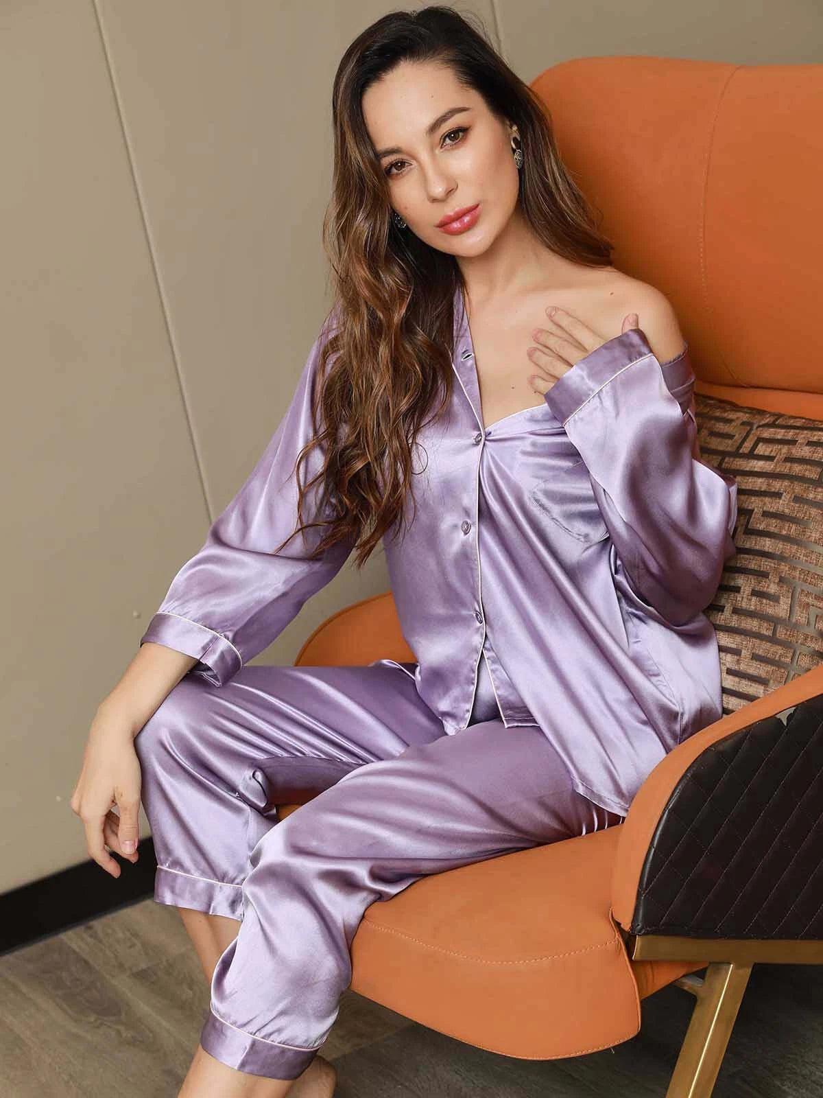 Women's 19mm Pure Mulberry Silk Pajamas Set Silk Sleepwear Nightwear Home Wear