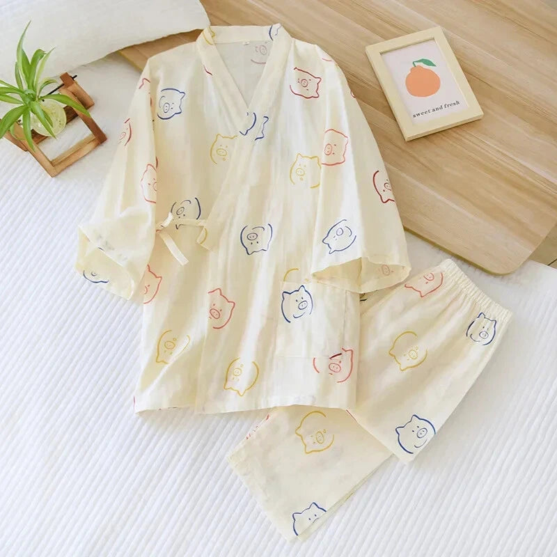Pajamas Set Female Spring and Autumn 100% Cotton Gauze Home Clothes Sweet Two-p