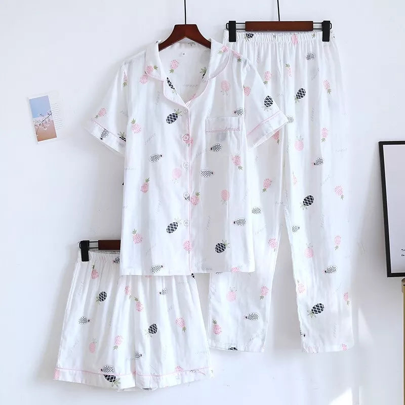 3PCS Women Pajamas Set 100% Gauze Cotton Printed Pyjamas Short Sleeve Sleepwear