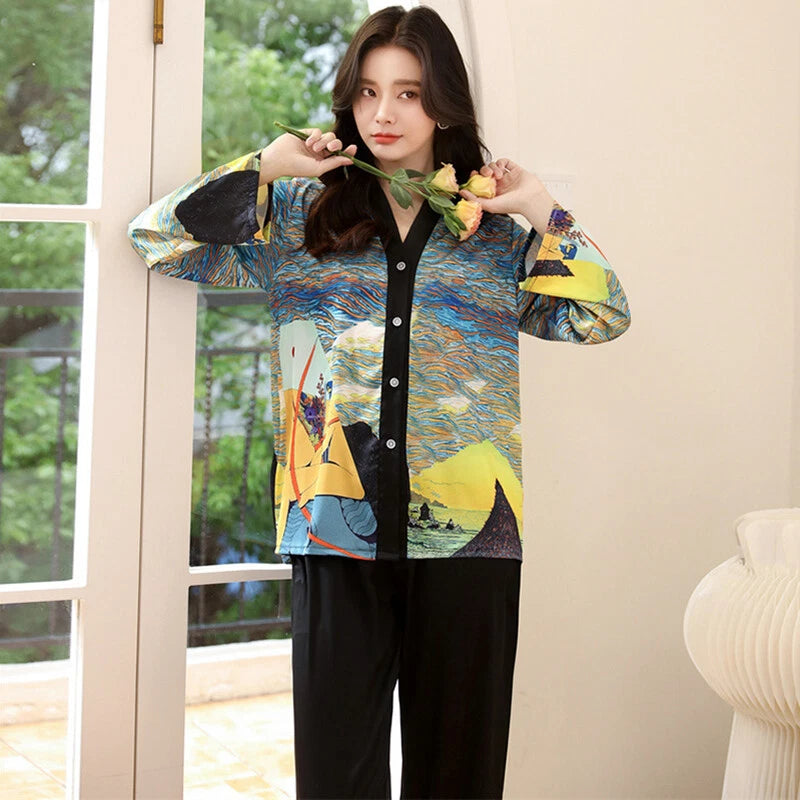 Women's Pajamas Set Luxury Print Silk Sleepwear V Neck Design Homewear Nightwear