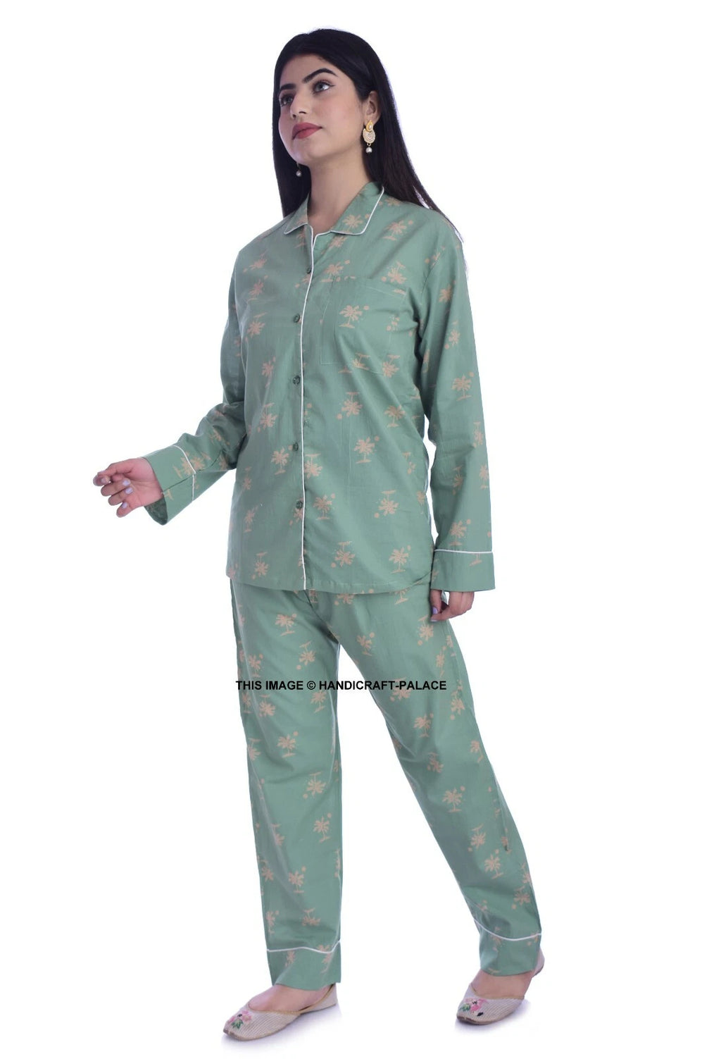 Women 100% Cotton Pajamas Set Nightclothes Homewear Sleep Palm Tree Print Indian