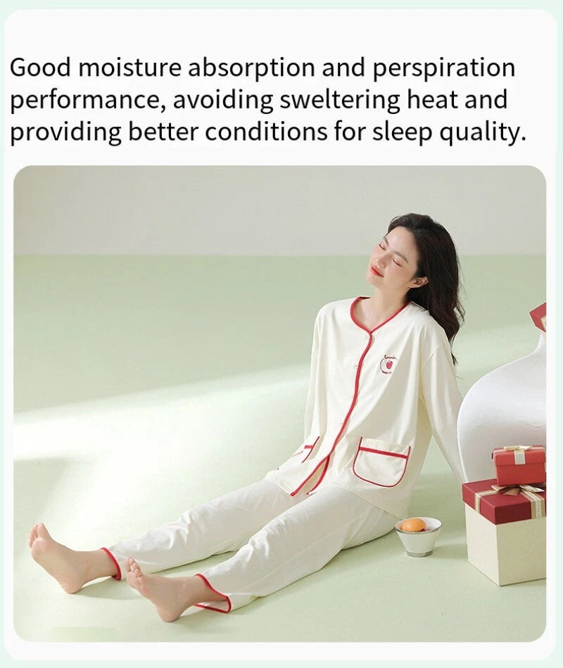 Fashion Women's Pajamas Autumn Embroidered Comfortable Casual Antibacterial Pajamas Set-