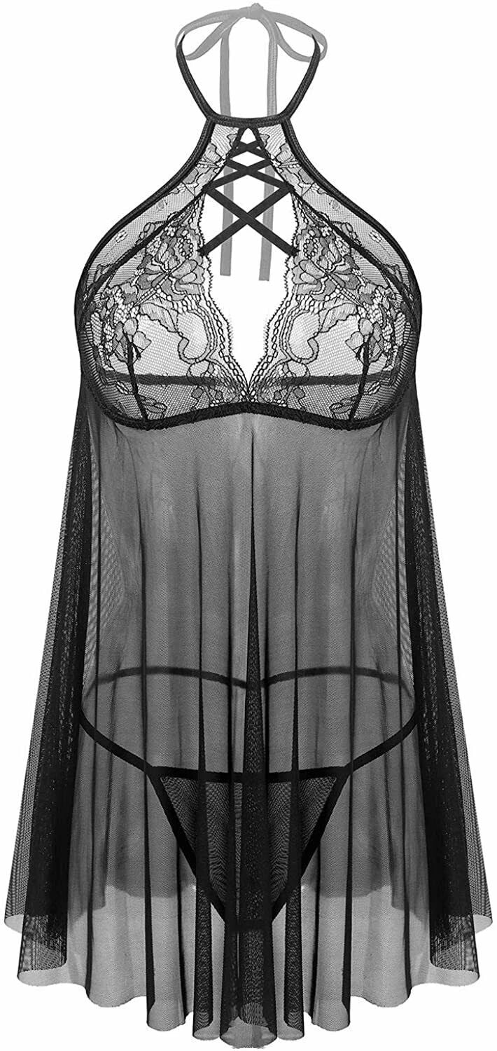 Women Sexy Lingerie Lace Babydoll V Neck Chemise Teddy Strap Sleepwear Panty Set