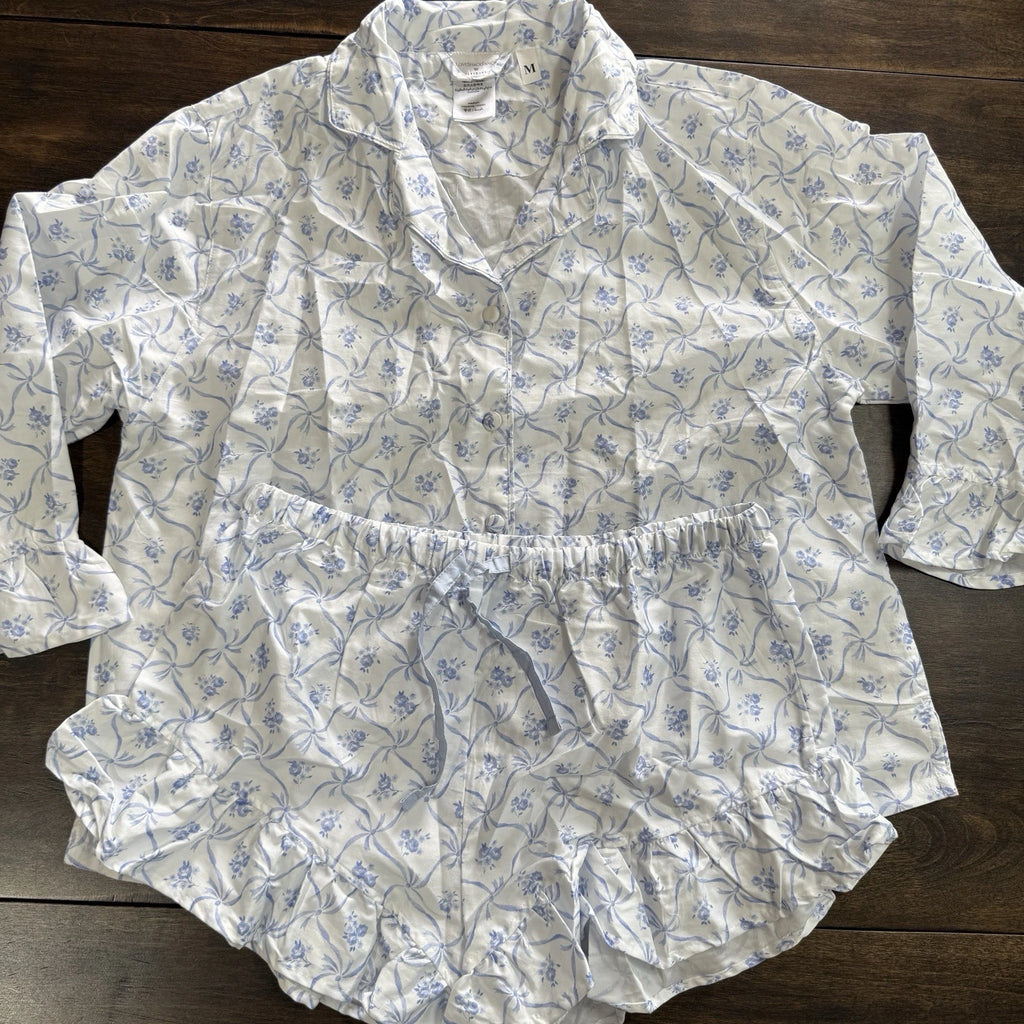 POTTERY BARN LoveShackFancy FLORAL TRELLIS SATEEN PAJAMA SET~PINK & BLUE AVAIL