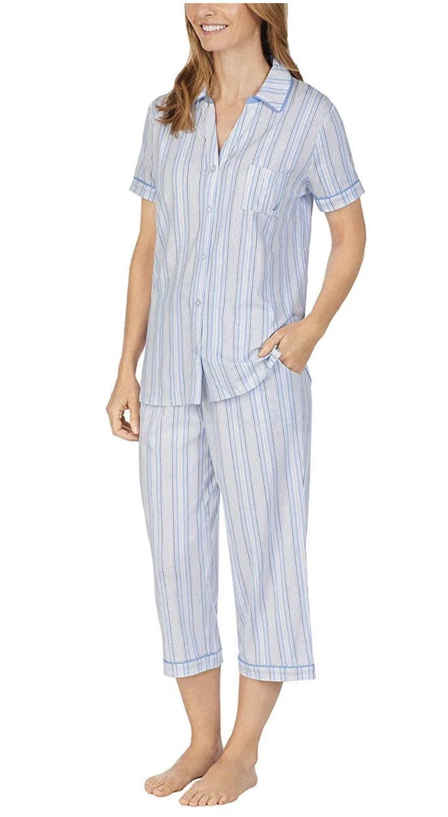 Nautica, 2 Pc - Notch Collar Capri Striped PJ Pajama Set | Blue