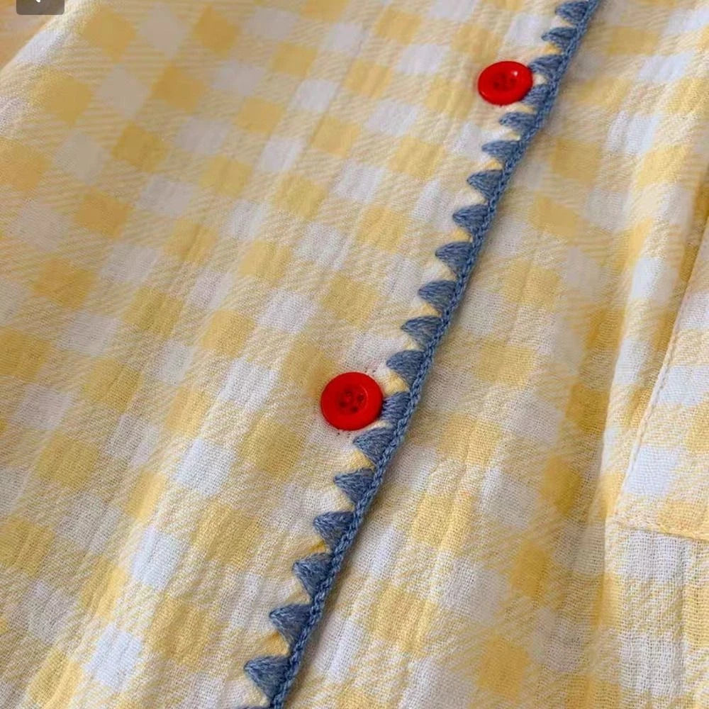 Summer Thin Plaid Pajama Set Cute 2 Piece Sleepwear Indoor Outdoor-