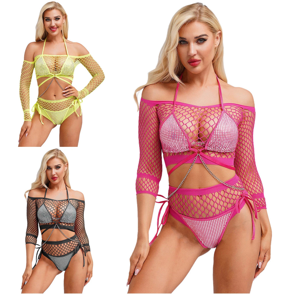 Womens Underwear Shiny Thong Crop Top Lingerie Lace-up Nightwear 4-piece Bra