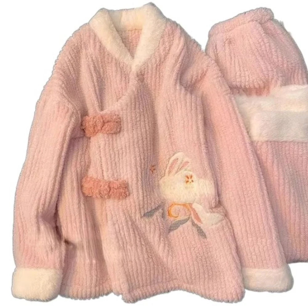 Plush Two Piece Pajama Set Rabbit Winter Sleepwear Home-