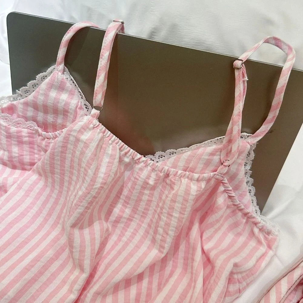 Sleeveless Lace Stripe Pyjama Suit Two Piece Pyjama Sets Gifts-