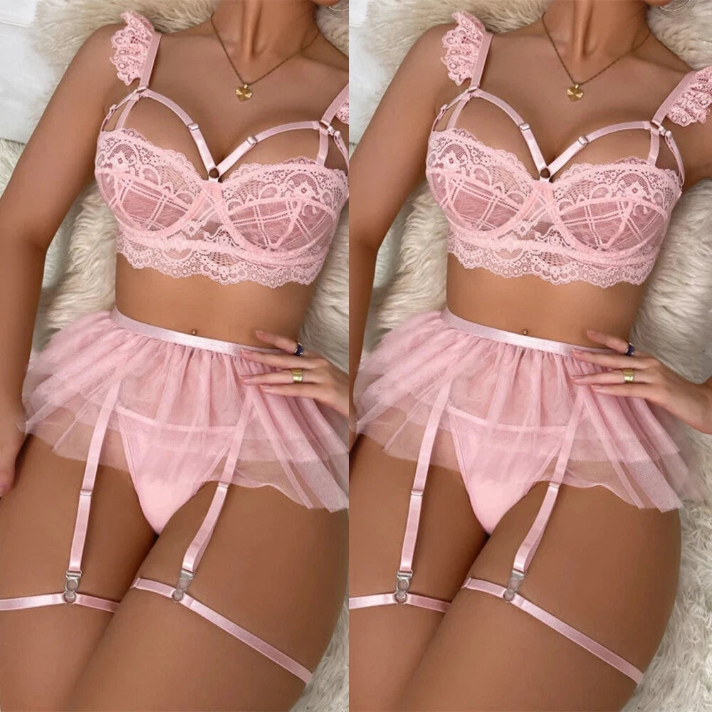 Sexy Women Lingerie Pink Lace Dress G-string Underwear Babydoll Sleepwear Gift