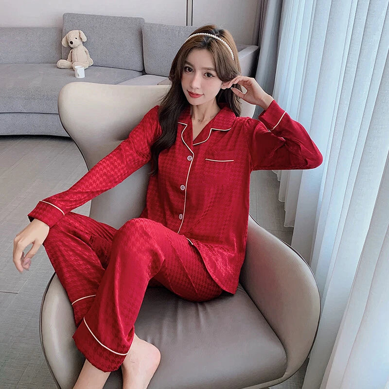 Women's Long Sleeve Silk Pajama Set Button-Down Sleepwear Print Loungewear Plus