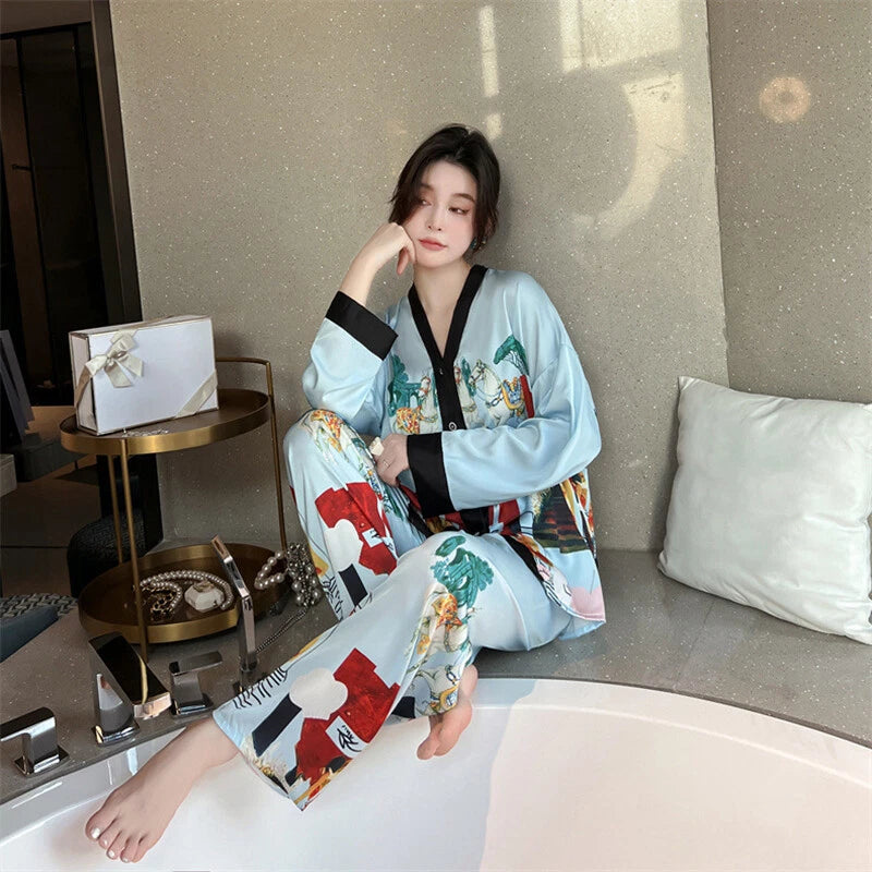 Women's Pajamas Set Luxury Print Silk Sleepwear V Neck Design Homewear Nightwear