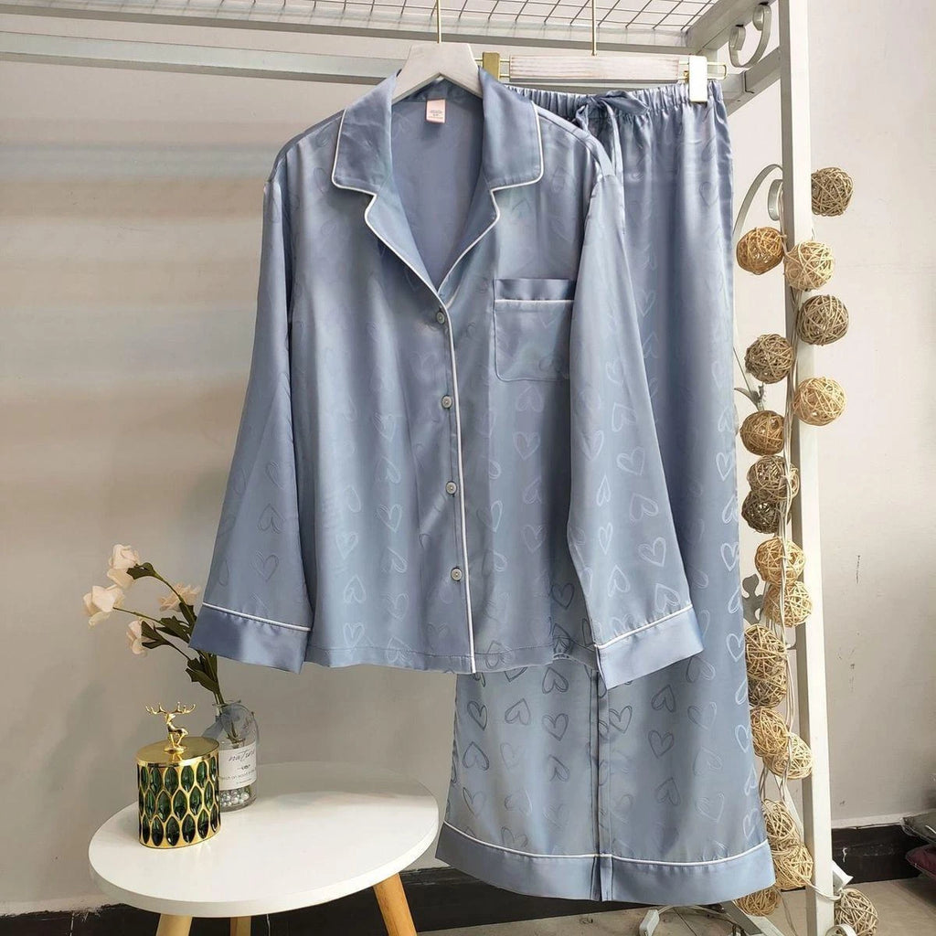 Women Silk Satin Pajamas Long Sleeve Sleepwear 2-piece Button-Down Home Wear Pjs