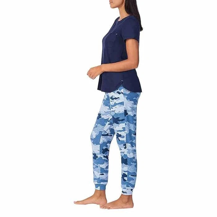 Jane and Bleecker 2 Piece Lounge Set Jogger Navy Camo Tee Scoop Neck  XS