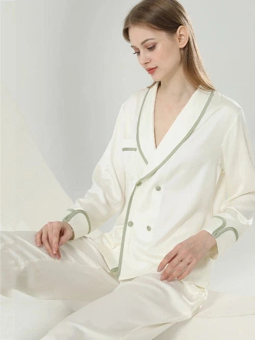 Female 2PCS Pajamas Set Spring Autumn Sleepwear Trouser Suits V-Neck White