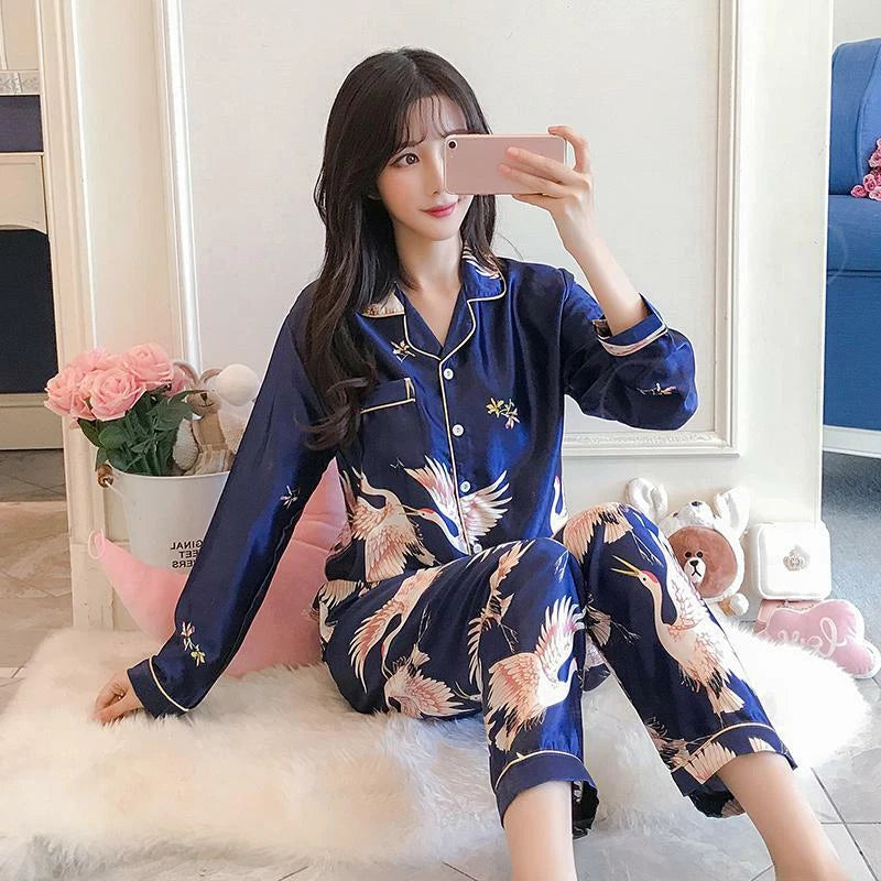 Women's Long Sleeve Silk Pajama Set Button-Down Sleepwear Print Loungewear Plus