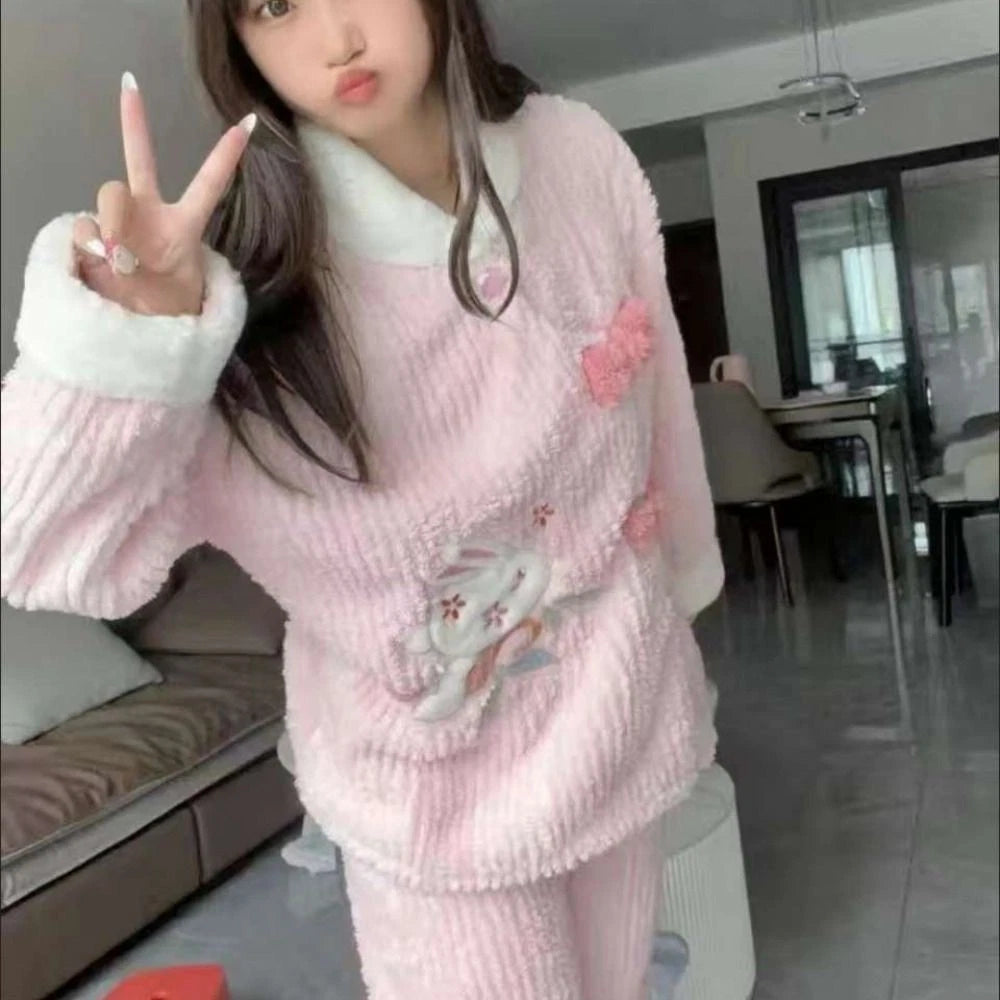 Plush Two Piece Pajama Set Rabbit Winter Sleepwear Home-