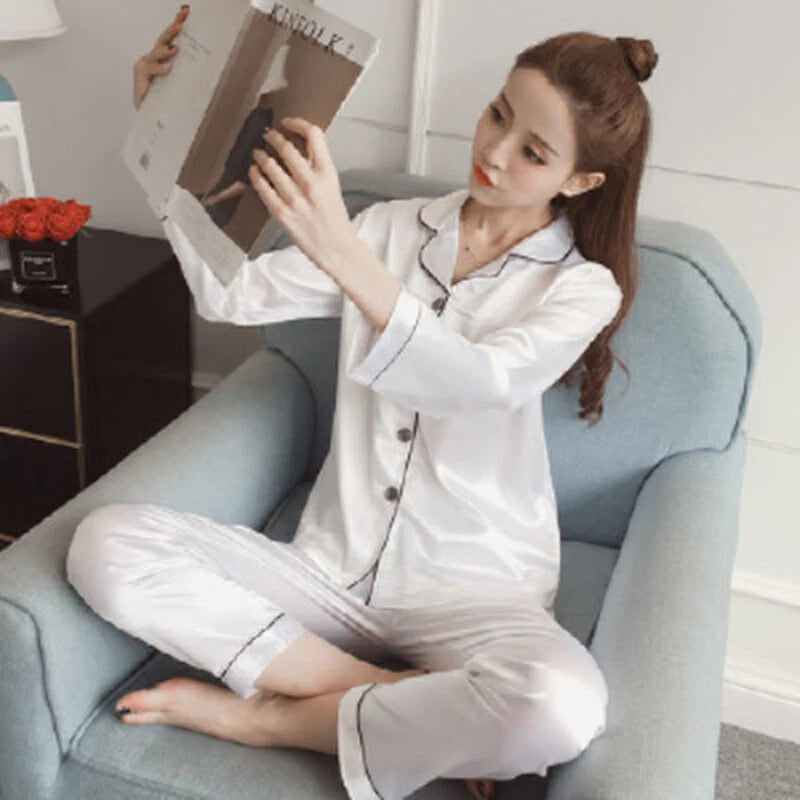 Women's Silk Satin Pajamas Set Long Sleeve Button-Down Sleepwear Loungewear
