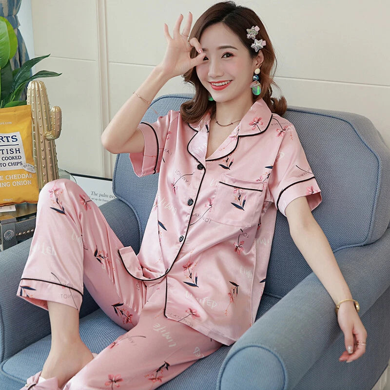 Women's Satin Pyjamas Set Short Sleeve Button-Down Sleepwear Silk PJS Loungewear