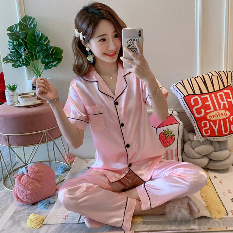 Women Lady Silk Satin Pajamas Set Pyjama Sleepwear Nightwear Summer Homewear Pj