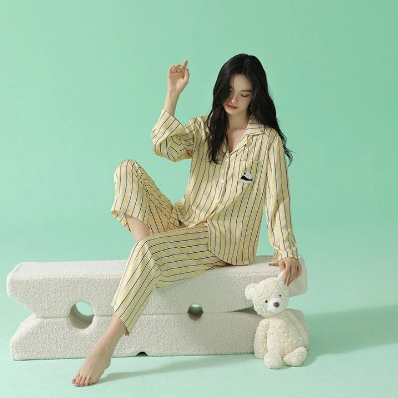 Women's Long Sleeve Pajamas Fashion Striped Homewear Comfortable Antibacterial Clothing-