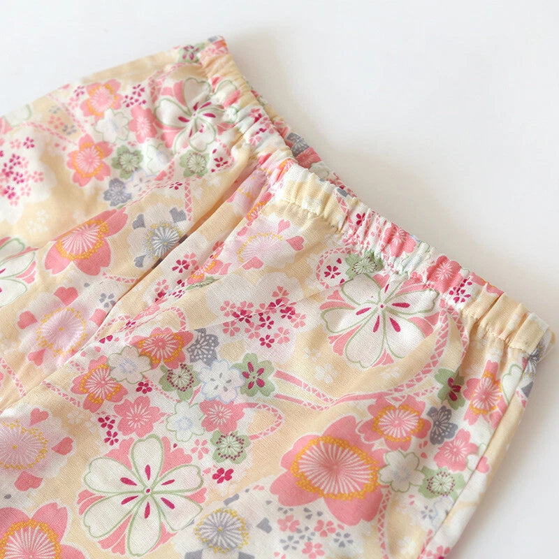 Japanese Harajuku 100% Gauze Cotton Kimono Pajamas Top+Pants Women Nightgown Set