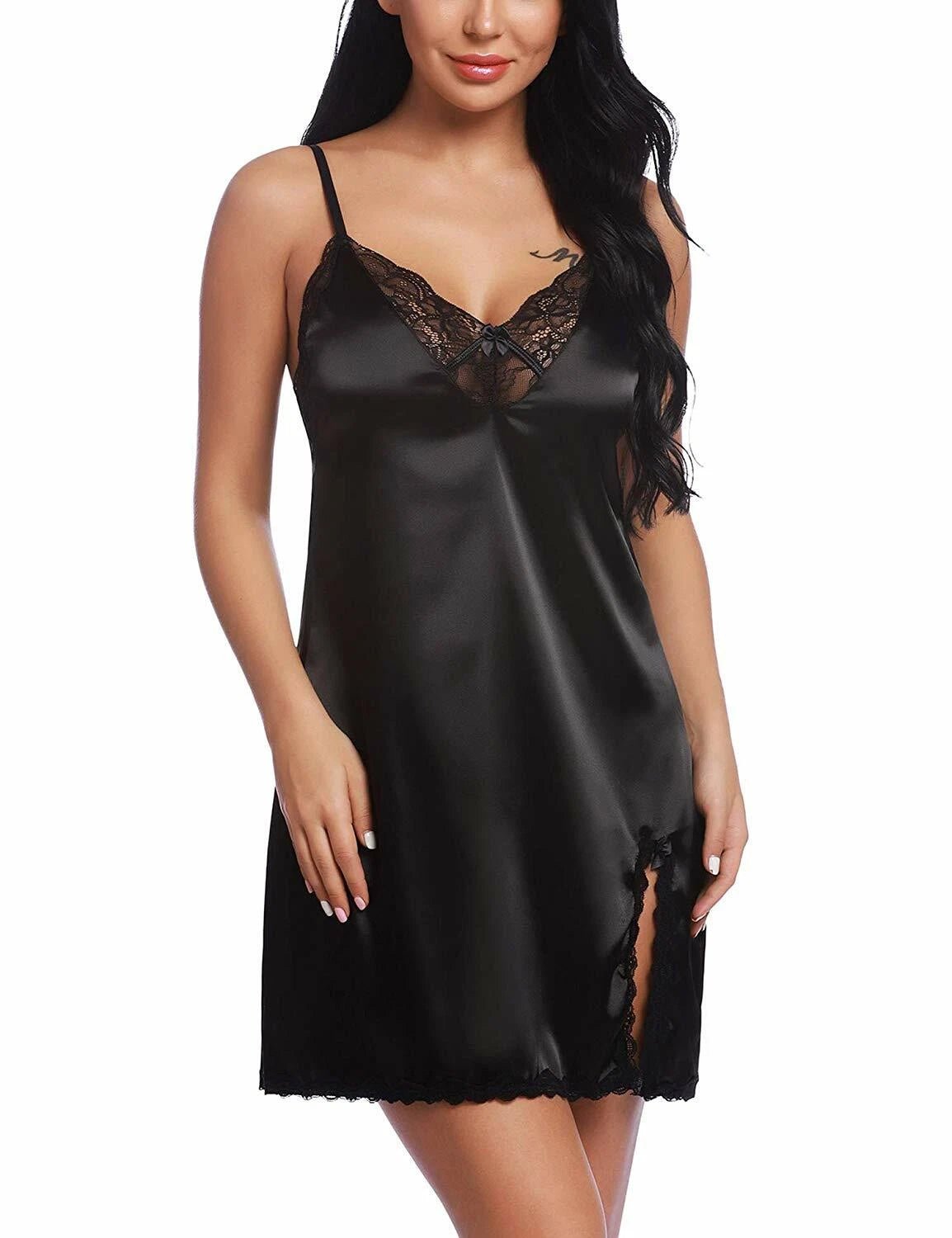 Sexy Lingerie Women Satin Lace Chemise Nightgown Silk Negligee Sling Nightshirt