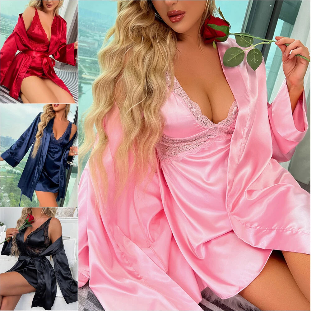 Women's Sexy Silk Pajama Sets Satin Robe with Nightgown 2 Piece Sleepwear Kimono