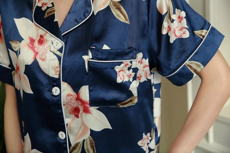 Women's Satin Pyjamas Set Short Sleeve Button-Down Sleepwear Silk PJS Loungewear
