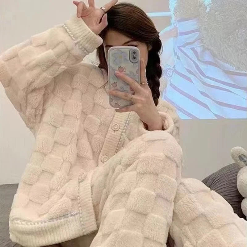 Women Coral Fleece Pajamas Set Lounge Home Suit Warm Sleepwear Homewear Set