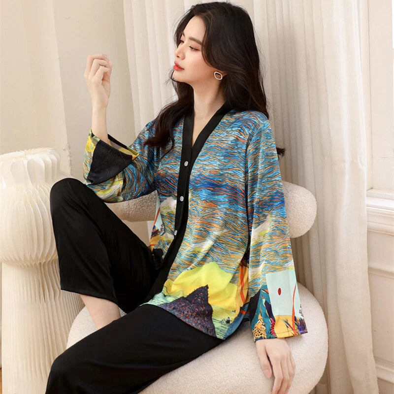 Women's Pajamas Set Luxury Print Silk Sleepwear V Neck Design Homewear Nightwear