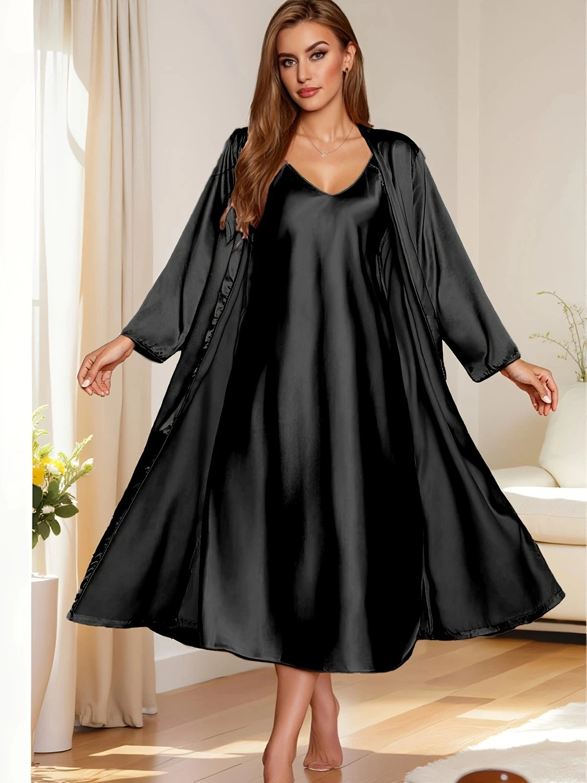 Women's satin silk robe dress sleepwear underwear long nightgown sleepwear
