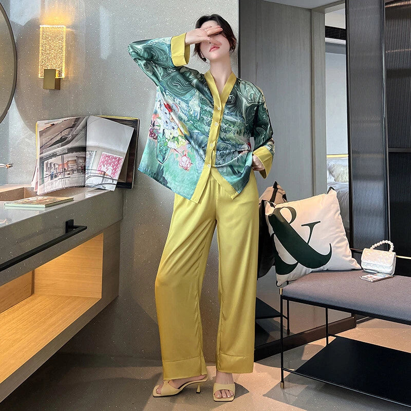 Women's Pajamas Set Luxury Print Silk Sleepwear V Neck Design Homewear Nightwear