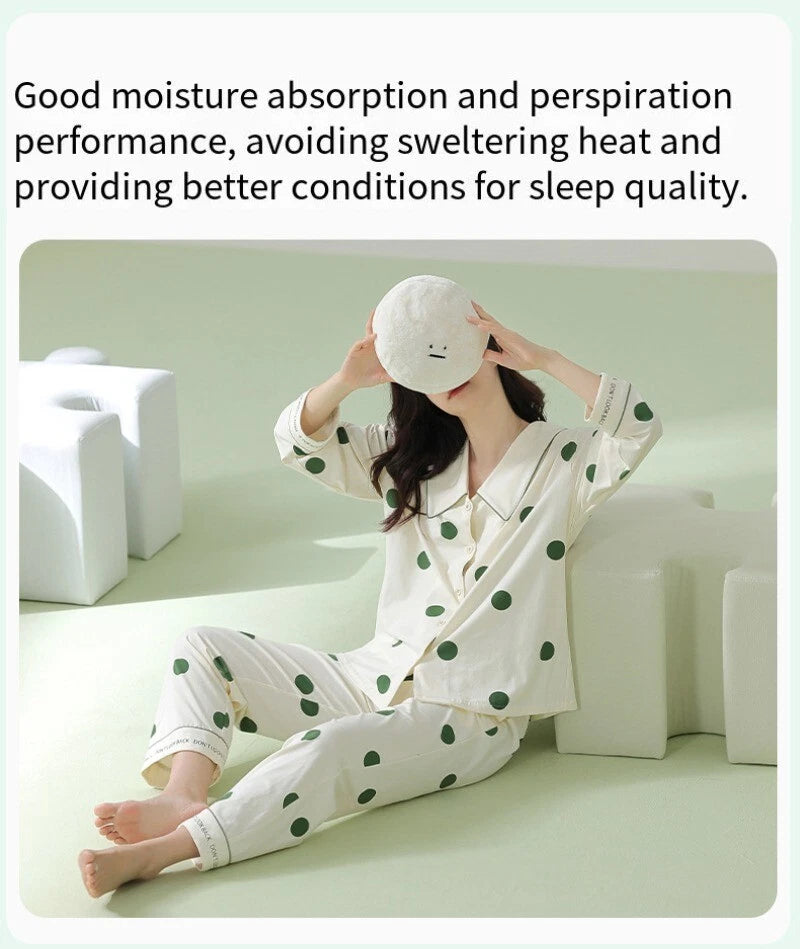 Autumn Women's Pajamas Set Long Sleeve Outdoor Polka Dot Print Antibacterial Clothing-
