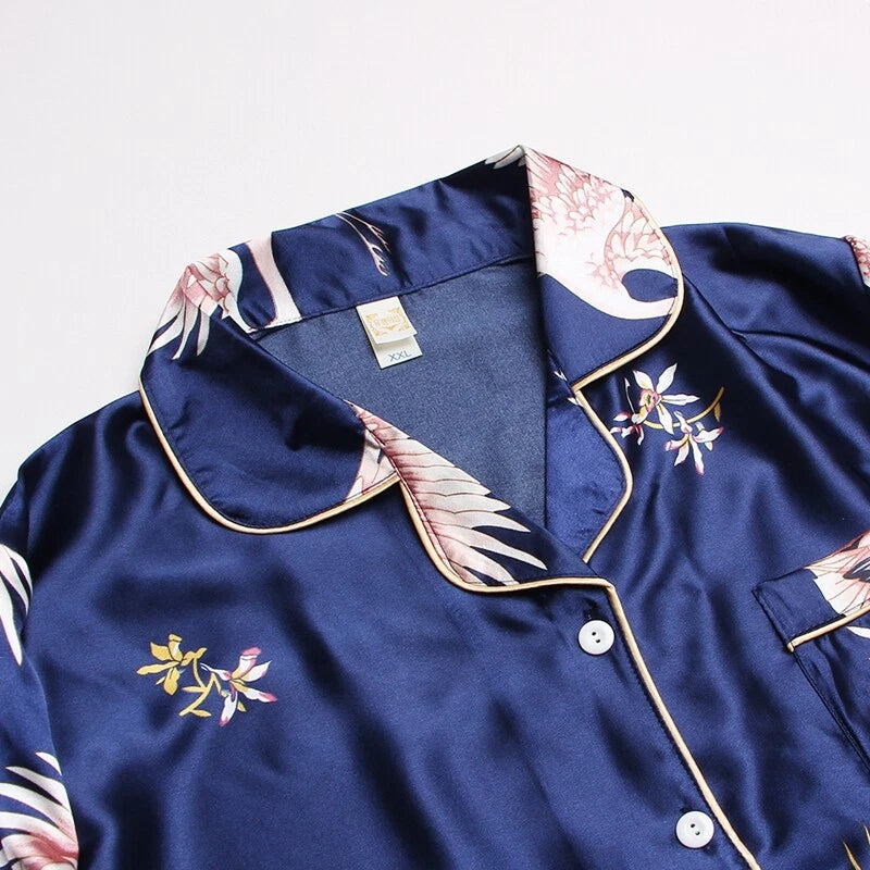 Women's Long Sleeve Silk Pajama Set Button-Down Sleepwear Print Loungewear Plus