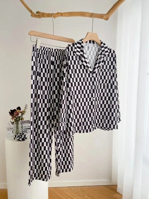 Sleepwear Two-Piece Set Elegant Print Plaid LongSleeve PijamasSuit Spring Summer