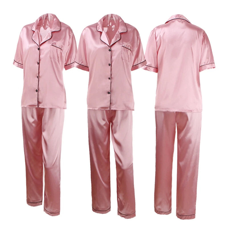 Women's Satin Pyjamas Set Short Sleeve Button-Down Sleepwear Silk PJS Loungewear