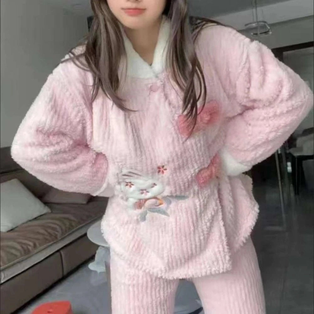 Plush Two Piece Pajama Set Rabbit Winter Sleepwear Home-