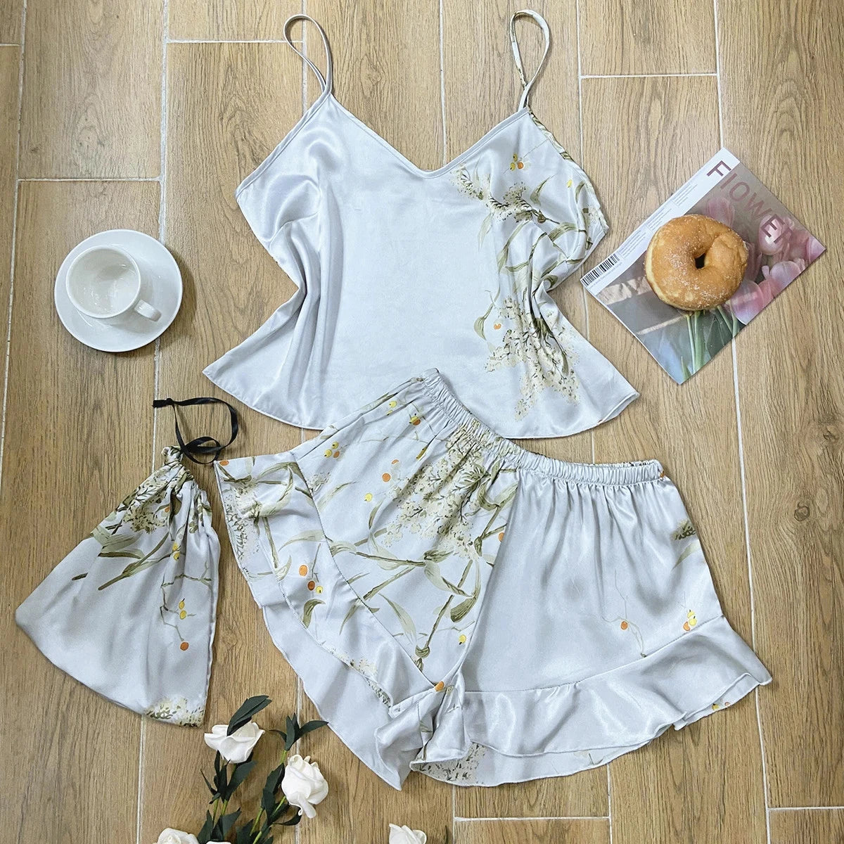 Floral Print Cami Tops Ruffle Hem Shorts Pajama Set Women's Sleepwear Loungewear