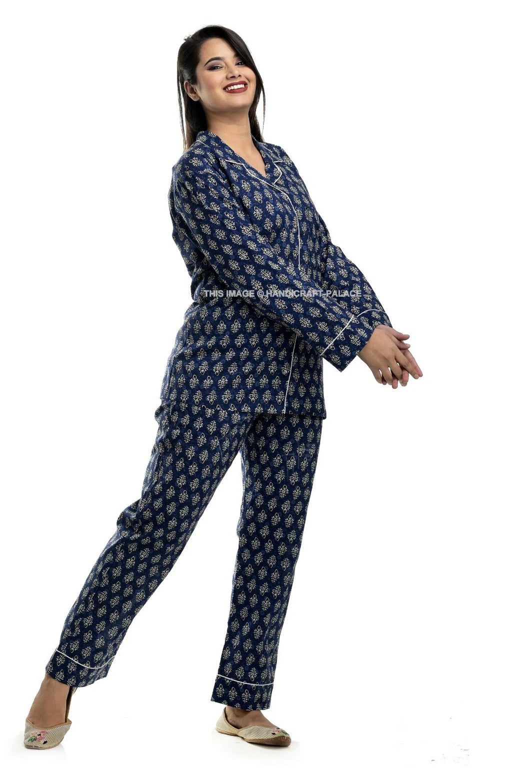 Women’s Two-Piece Long Sleeve Button Down Sleepwear/Lounge PJ Set Cotton Blue