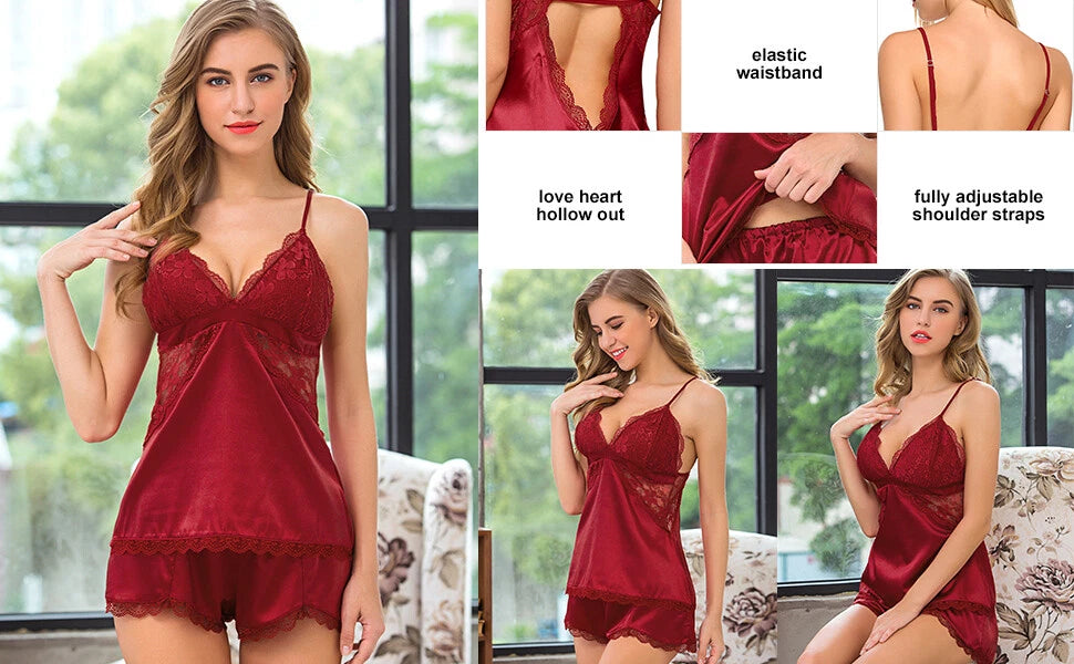 Women Lace Sleepwear Sexy Lingerie Satin Pajama Cami Shorts Sleepwear Set US