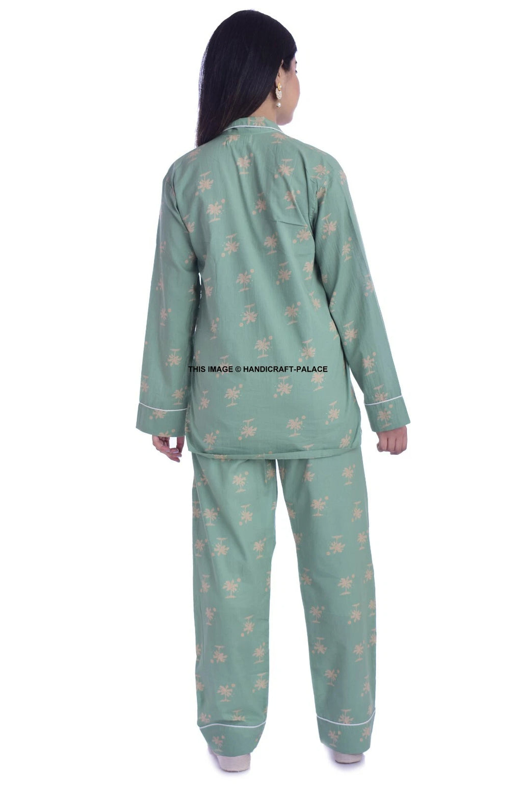 Women 100% Cotton Pajamas Set Nightclothes Homewear Sleep Palm Tree Print Indian
