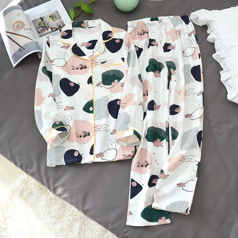 Women Pajamas Set 100% Cotton Printed Sleepwear Casual Nightwear Gauze Home Wear