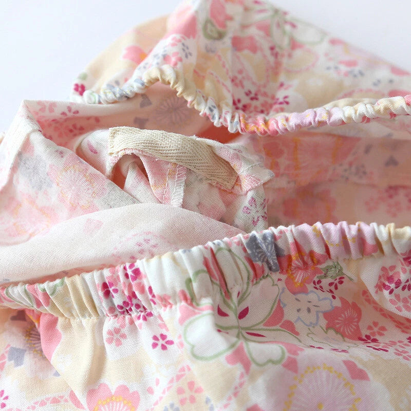 Japanese Women 100% Gauze Cotton Pajamas Set Kimono Short Sleeve Print Sleepwear