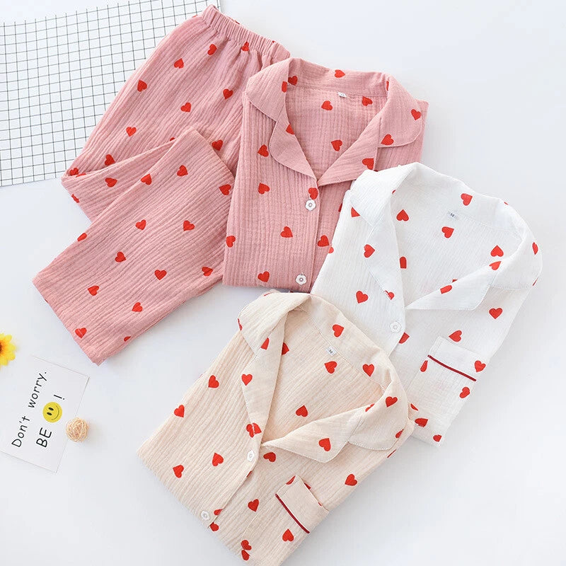 Japanese Women 100% Gauze Cotton Pajamas Set Long Sleeve Sleepwear Nightwear New